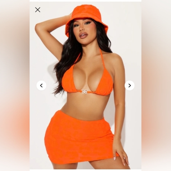 Vibrant 4 PC Orange Bikini Set with Skirt and Hat - Picture 1 of 8